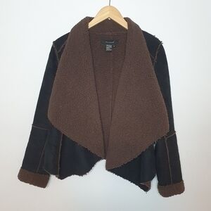 SANDRO Faux Suede Faux Shearling Sherpa Open Front Drap Jacket Blazer Si…